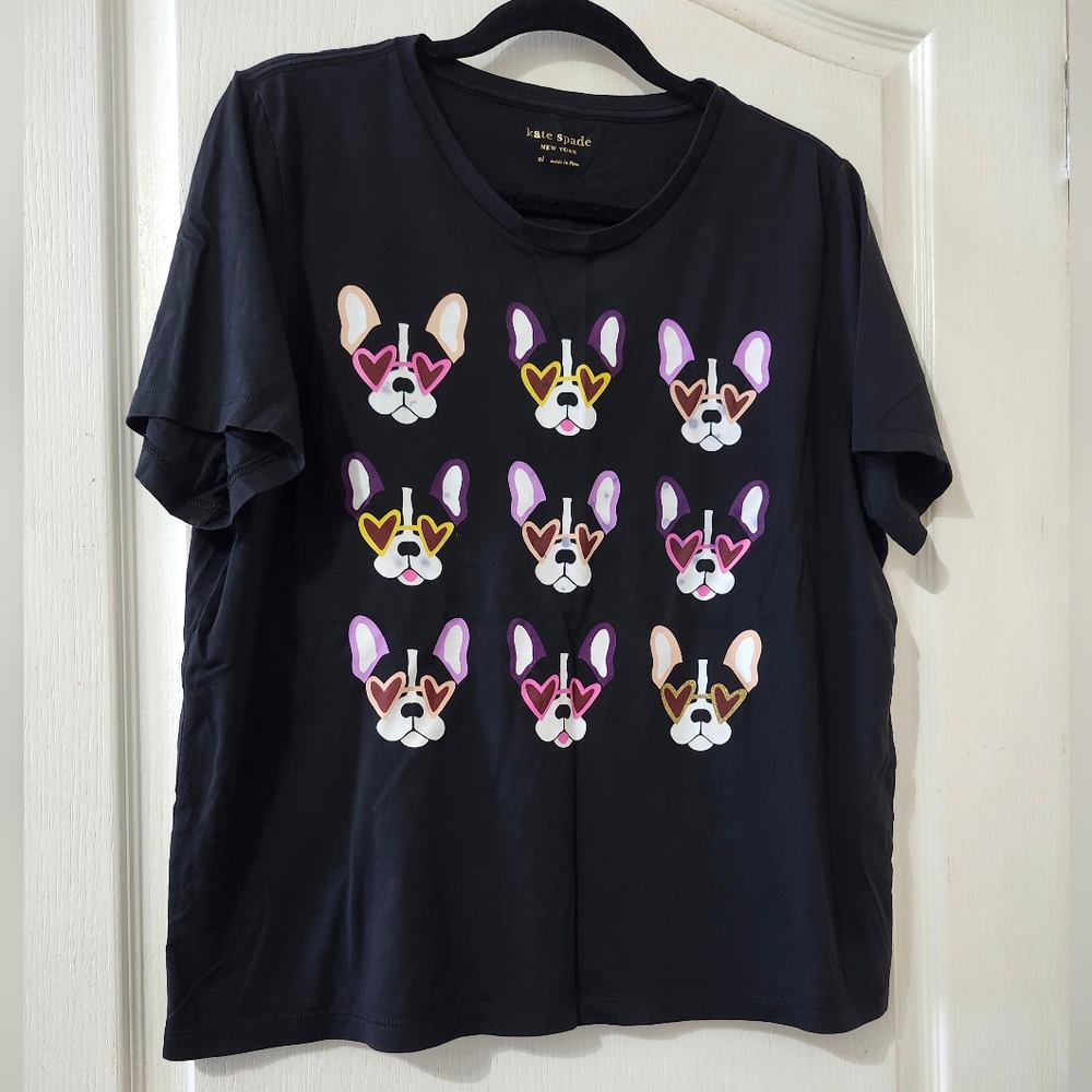 kate spade Black Tee with Colorful Heart-Sunglass Dog Faces